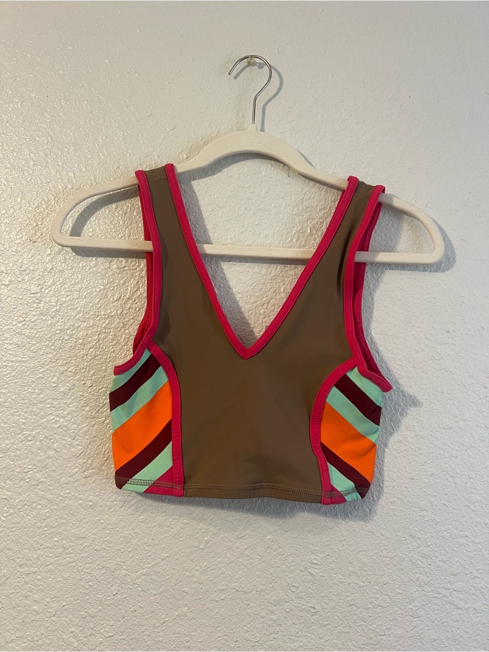 FreePeople Movement
Vibrant Colorblock V-Neck Crop Top - Brown & Neon Accents
